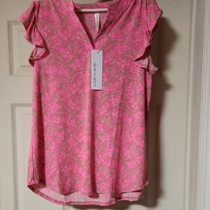 NWT Dear Scarlett Pink Paisley Top Size L Flutter Sleeve Lightweight